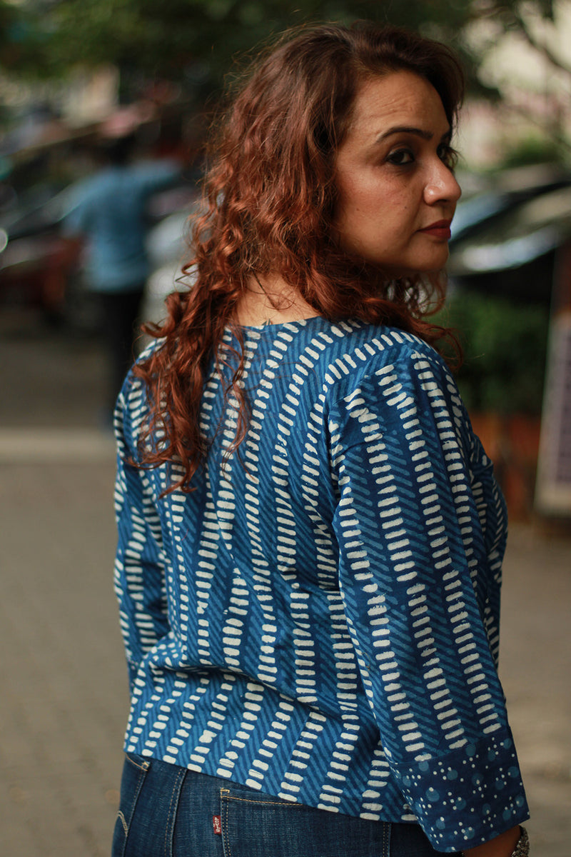 Bhoomi | Crossover Top | Stripes & Dots  Indigo