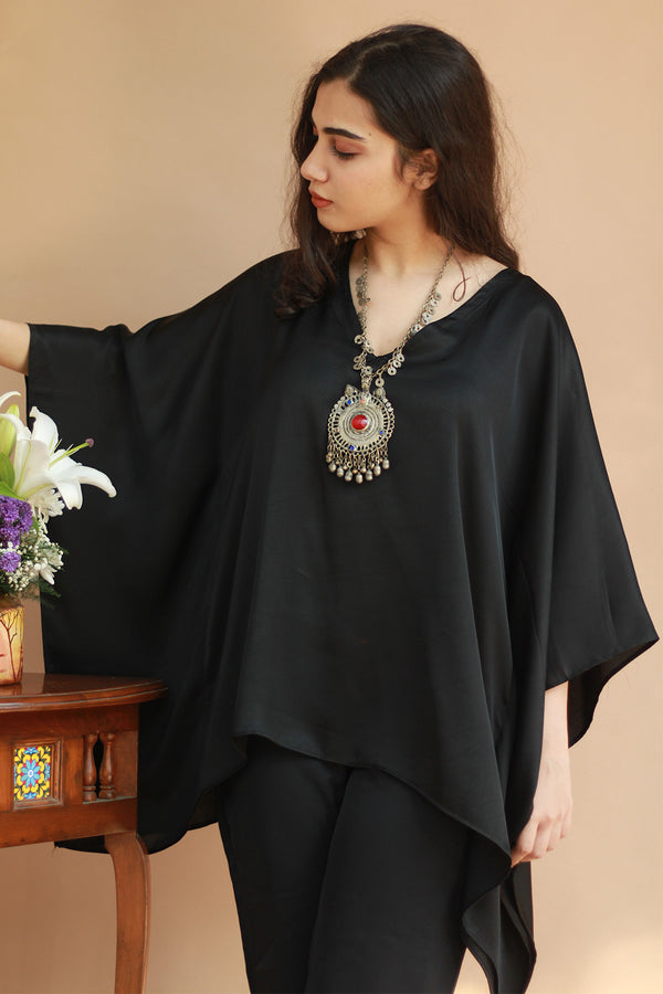 Taarini | Modal Silk Kaftan Top |  Noir