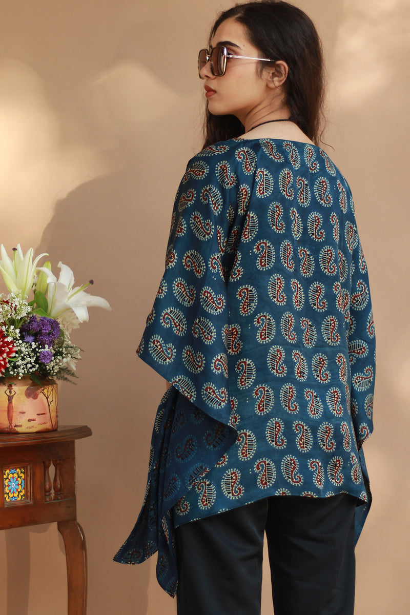 Taarini | Modal Silk Kaftan Top | Indigo Kairi Ajrakh