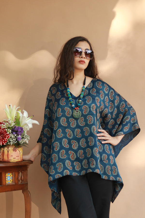 Taarini | Modal Silk Kaftan Top | Indigo Kairi Ajrakh