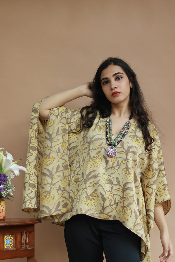 Taarini | Modal Silk Kaftan Top | Beige Vanaspati