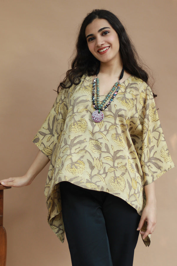 Taarini | Modal Silk Kaftan Top | Beige Vanaspati