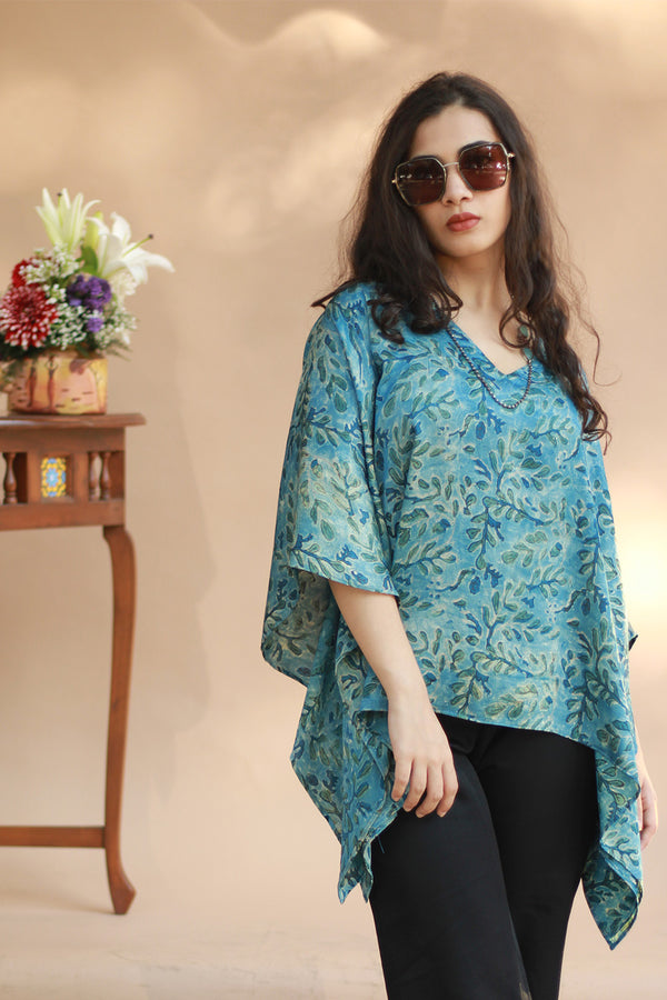 Taarini | Modal Silk Kaftan Top | Aqua Vanaspati