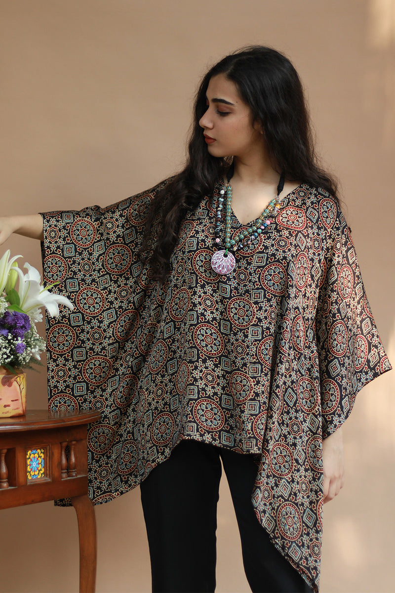 Taarini | Modal Silk Kaftan Top | Noir Ajrakh