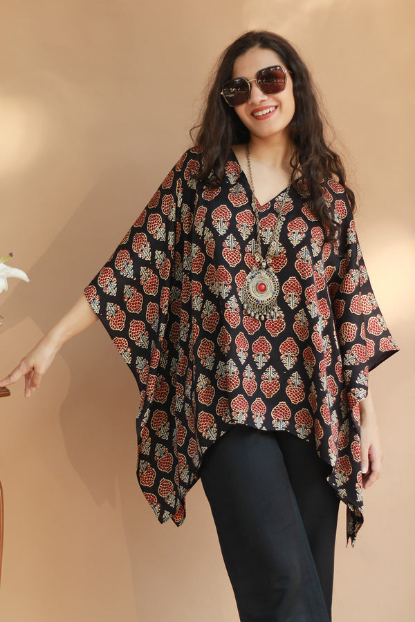 Taarini | Modal Silk Kaftan Top | Noir Tulips Ajrakh