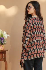 Taarini | Modal Silk Kaftan Top | Noir Tulips Ajrakh