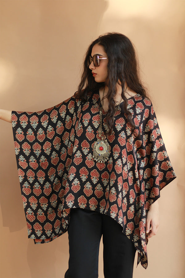 Taarini | Modal Silk Kaftan Top | Noir Tulips Ajrakh