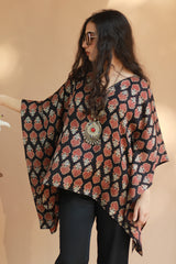 Taarini | Modal Silk Kaftan Top | Noir Tulips Ajrakh