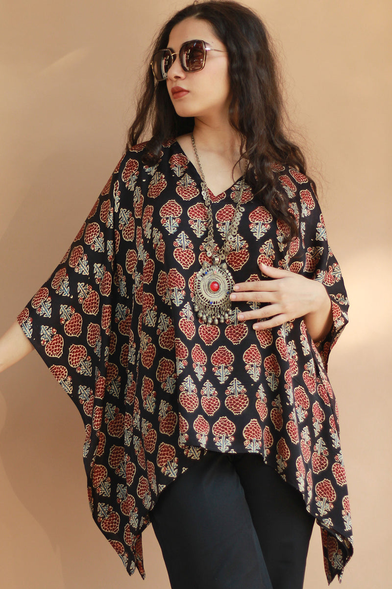 Taarini | Modal Silk Kaftan Top | Noir Tulips Ajrakh