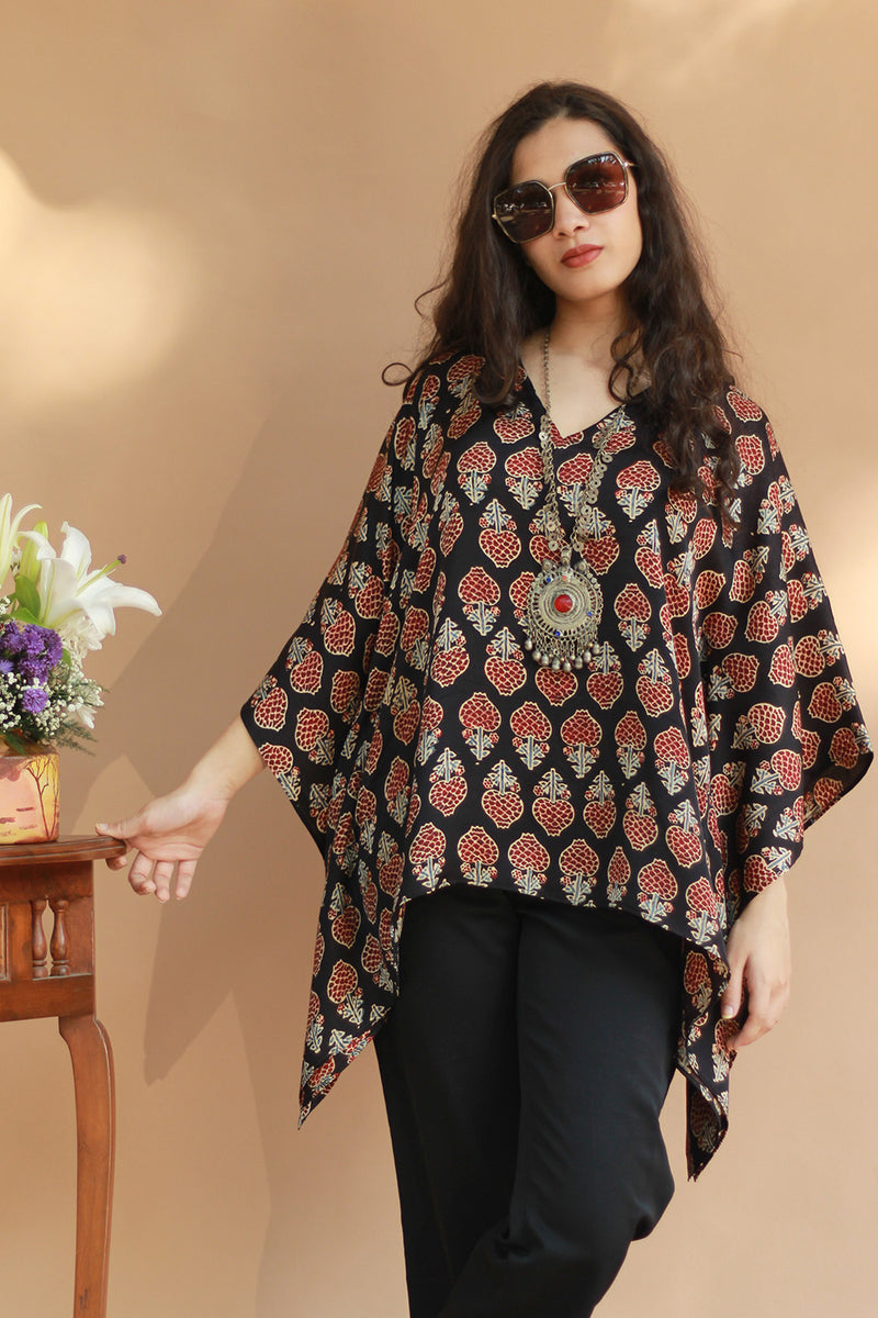 Taarini | Modal Silk Kaftan Top | Noir Tulips Ajrakh