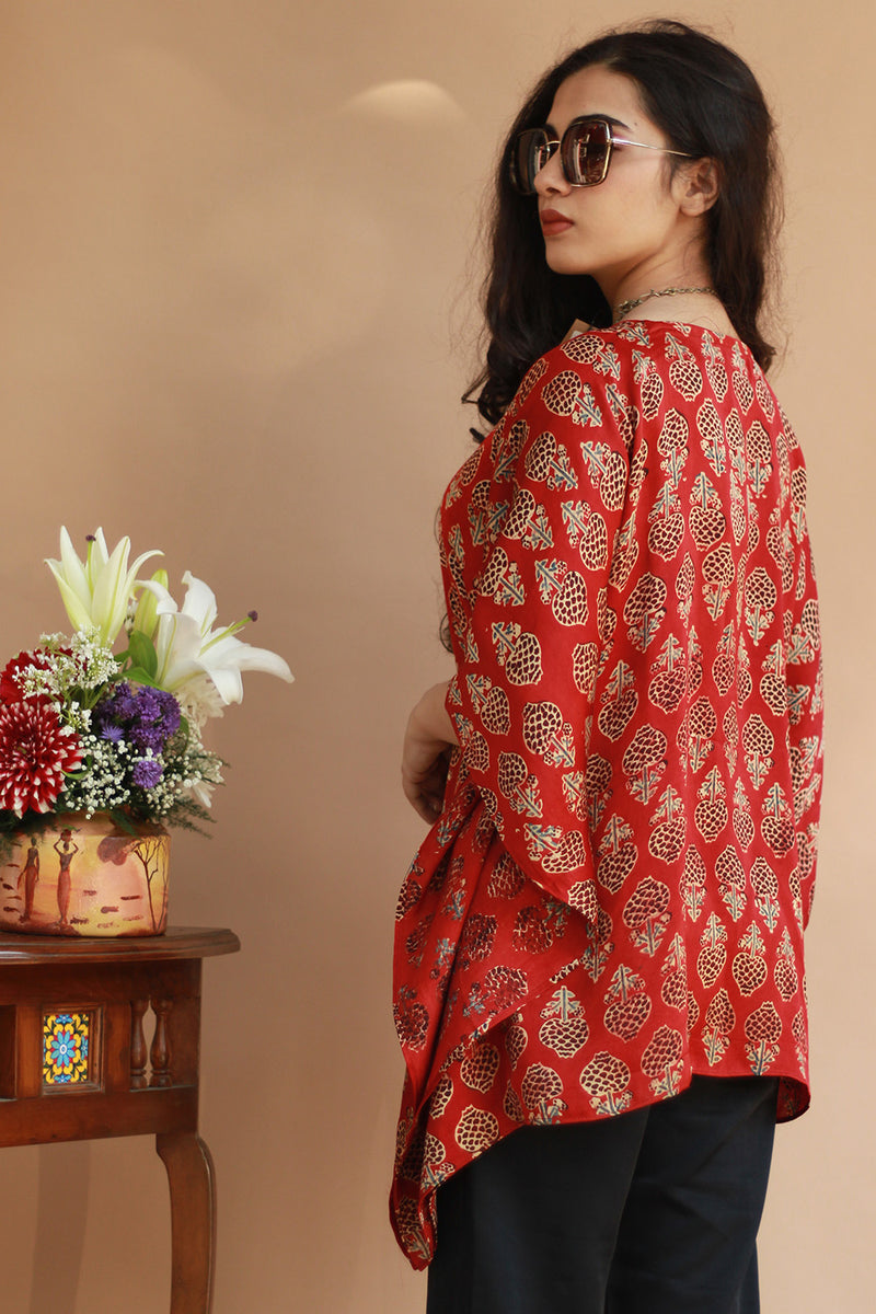 Taarini | Modal Silk Kaftan Top | Scarlet Tulips Ajrakh