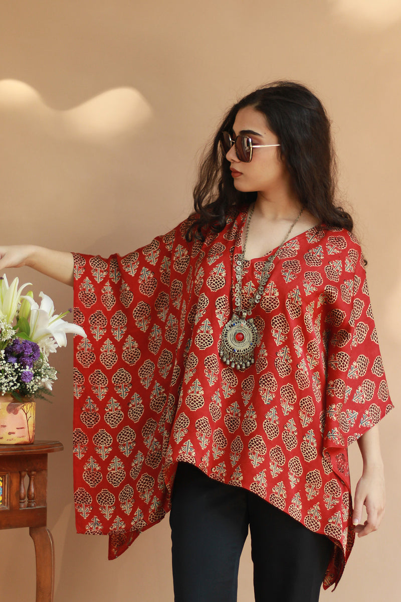 Taarini | Modal Silk Kaftan Top | Scarlet Tulips Ajrakh