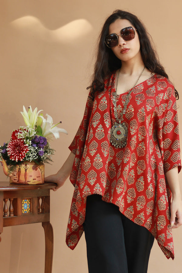 Taarini | Modal Silk Kaftan Top | Scarlet Tulips Ajrakh