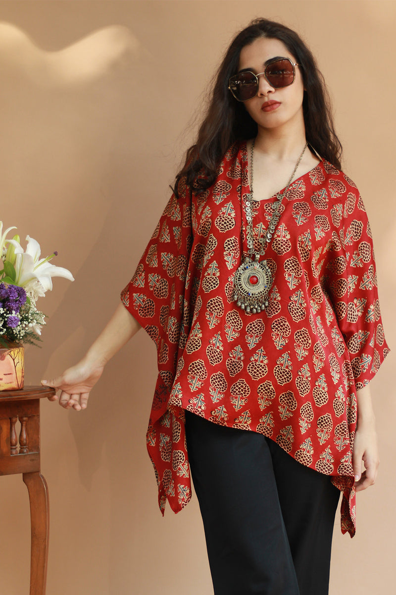 Taarini | Modal Silk Kaftan Top | Scarlet Tulips Ajrakh