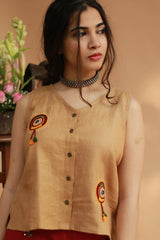 Gor Banjara | Linen Buttoned Vest | Embroidered | Mustard