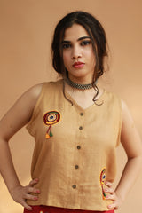 Gor Banjara | Linen Buttoned Vest | Embroidered | Mustard