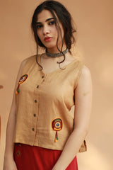 Gor Banjara | Linen Buttoned Vest | Embroidered | Mustard