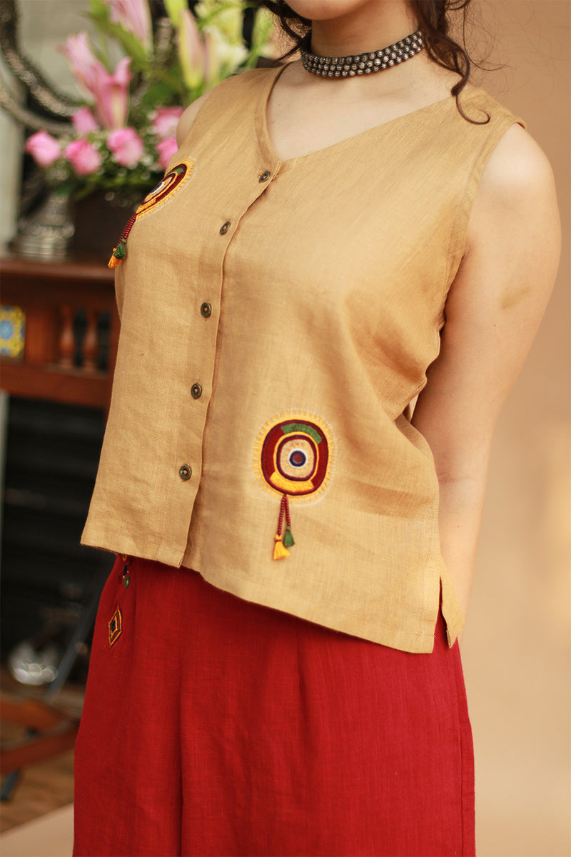 Gor Banjara | Linen Buttoned Vest | Embroidered | Mustard