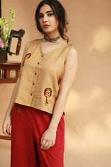 Gor Banjara | Linen Buttoned Vest | Embroidered | Mustard