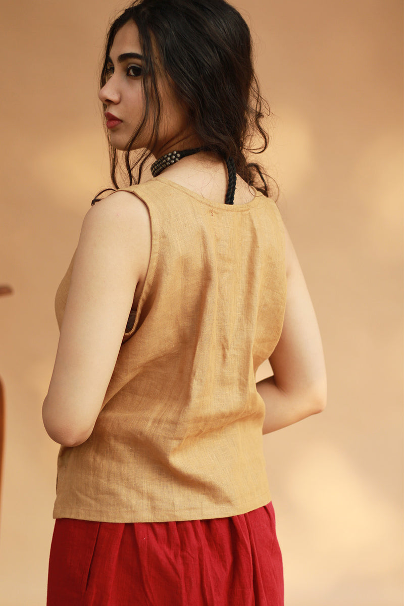 Gor Banjara | Linen Buttoned Vest | Embroidered | Mustard