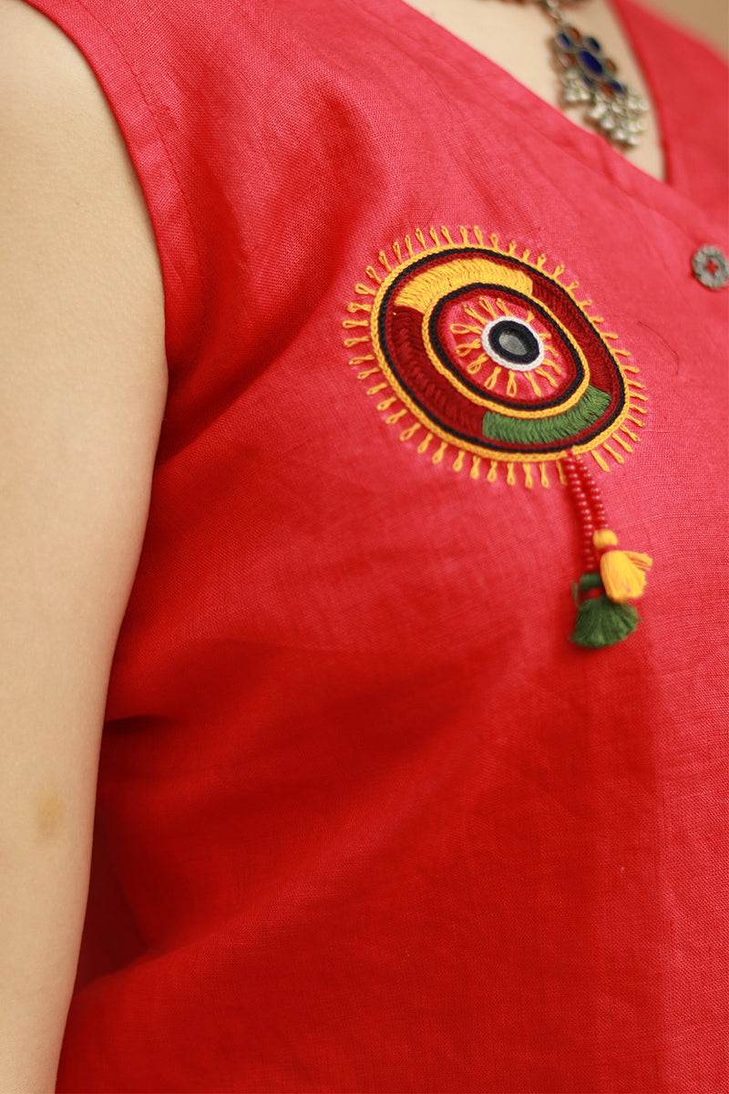 Gor Banjara | Linen Buttoned Vest | Embroidered | Rouge