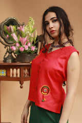 Gor Banjara | Linen Buttoned Vest | Embroidered | Rouge