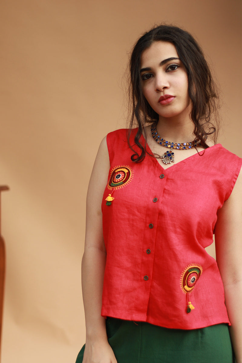 Gor Banjara | Linen Buttoned Vest | Embroidered | Rouge