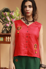 Gor Banjara | Linen Buttoned Vest | Embroidered | Rouge