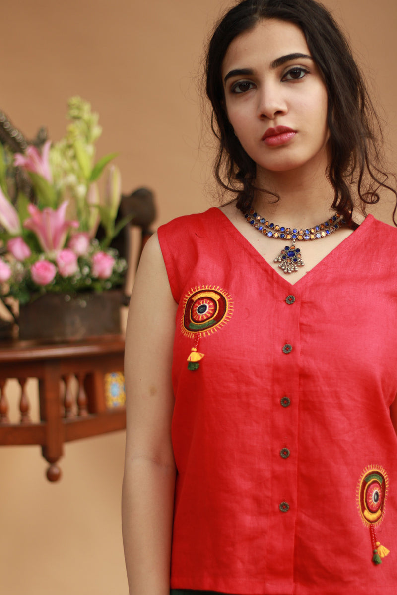 Gor Banjara | Linen Buttoned Vest | Embroidered | Rouge