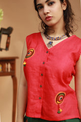 Gor Banjara | Linen Buttoned Vest | Embroidered | Rouge