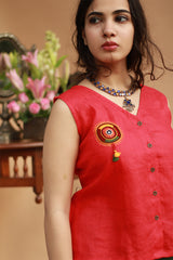 Gor Banjara | Linen Buttoned Vest | Embroidered | Rouge