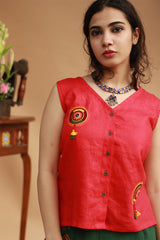 Gor Banjara | Linen Buttoned Vest | Embroidered | Rouge