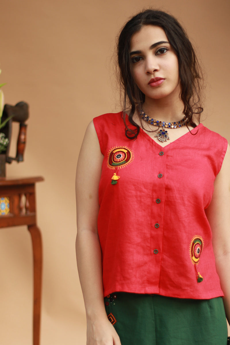 Gor Banjara | Linen Buttoned Vest | Embroidered | Rouge