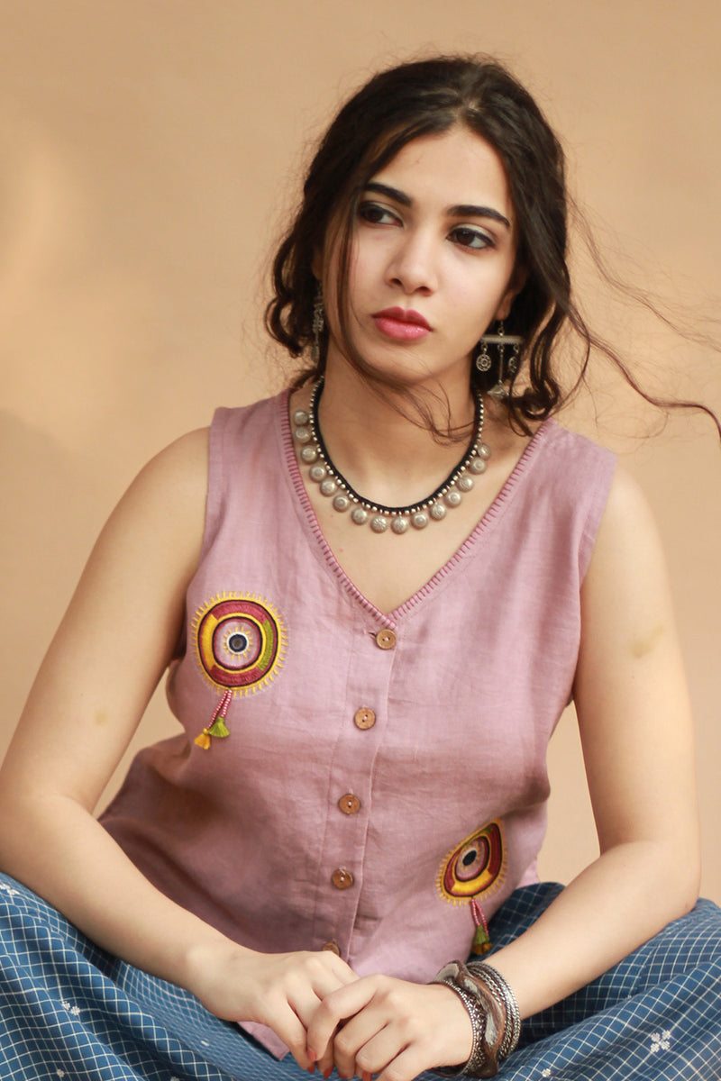 Gor Banjara | Linen Buttoned Vest | Embroidered | Dusk Pink