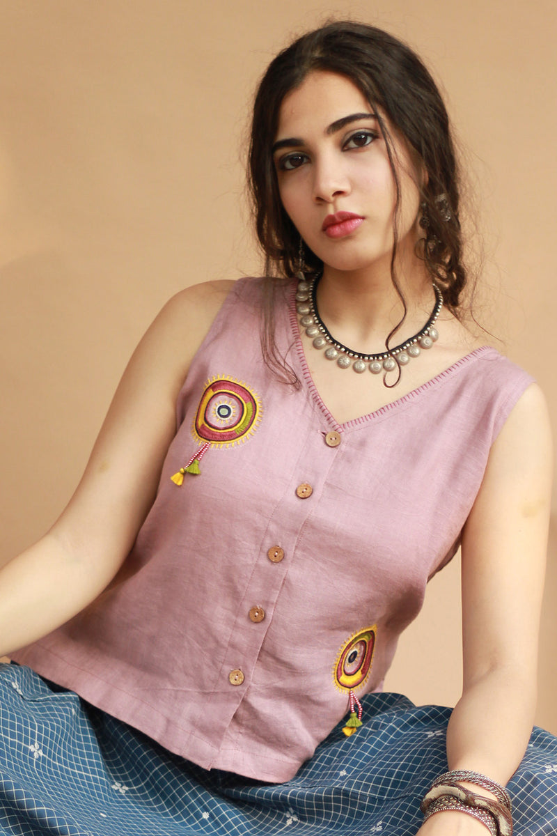 Gor Banjara | Linen Buttoned Vest | Embroidered | Dusk Pink