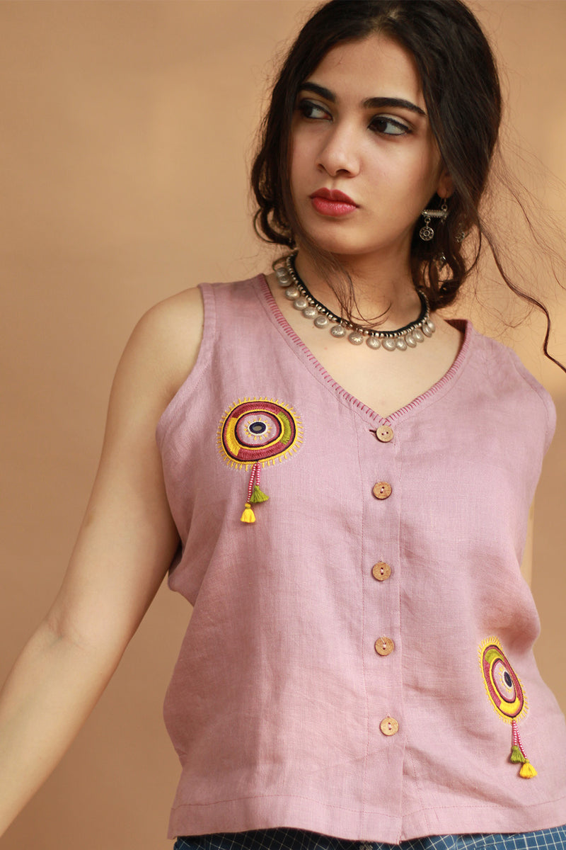 Gor Banjara | Linen Buttoned Vest | Embroidered | Dusk Pink