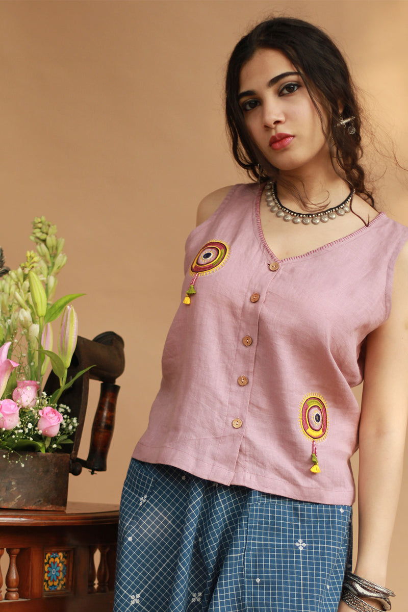 Gor Banjara | Linen Buttoned Vest | Embroidered | Dusk Pink