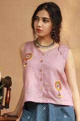 Gor Banjara | Linen Buttoned Vest | Embroidered | Dusk Pink