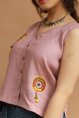 Gor Banjara | Linen Buttoned Vest | Embroidered | Dusk Pink