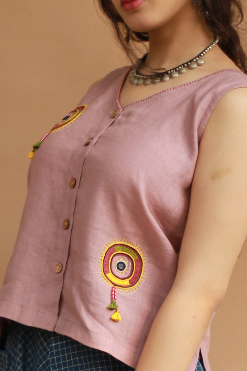 Gor Banjara | Linen Buttoned Vest | Embroidered | Dusk Pink