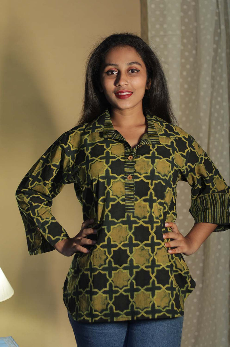 Madhura | Tunic | Ajrakh Green Shatkon