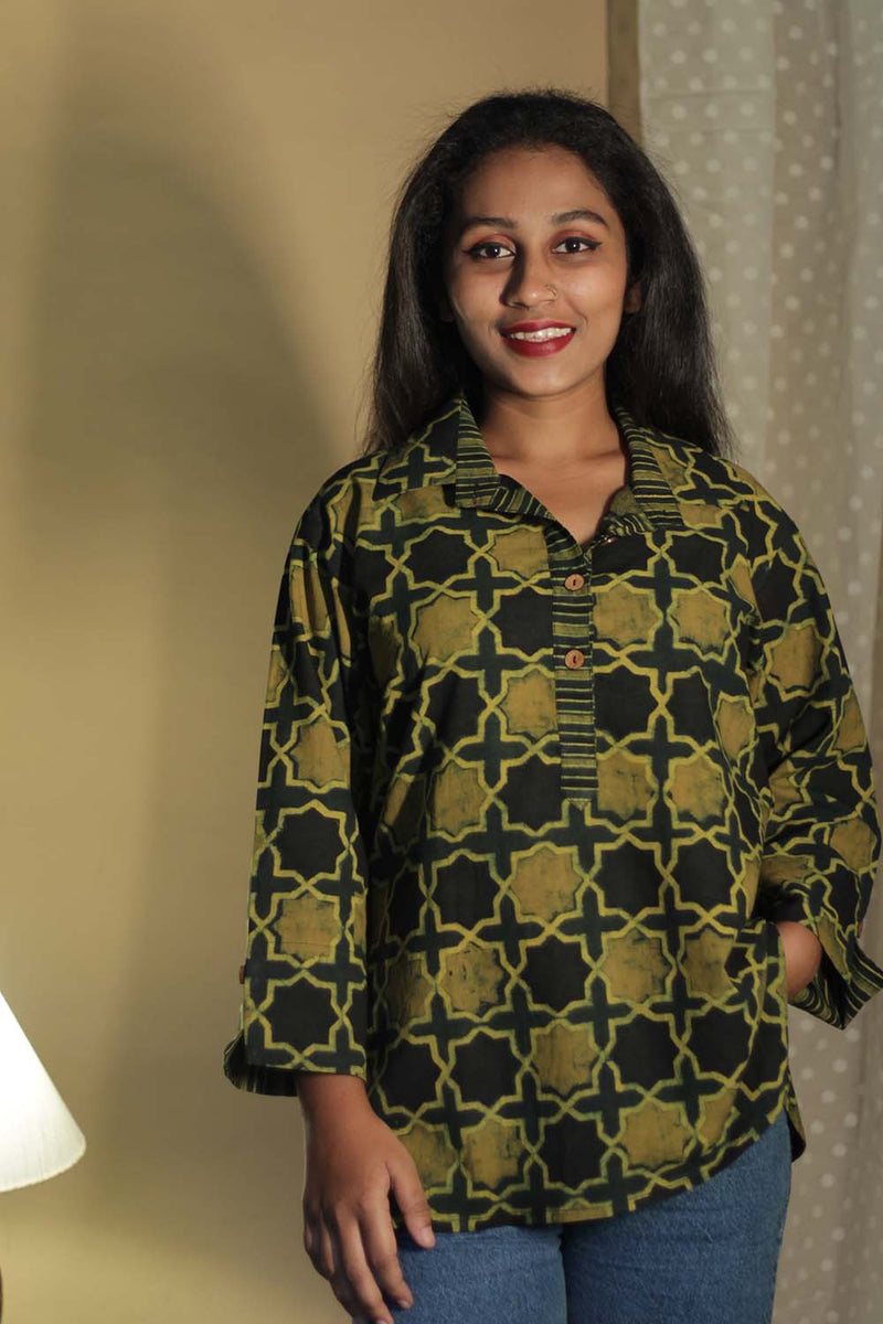 Madhura | Tunic | Ajrakh Green Shatkon