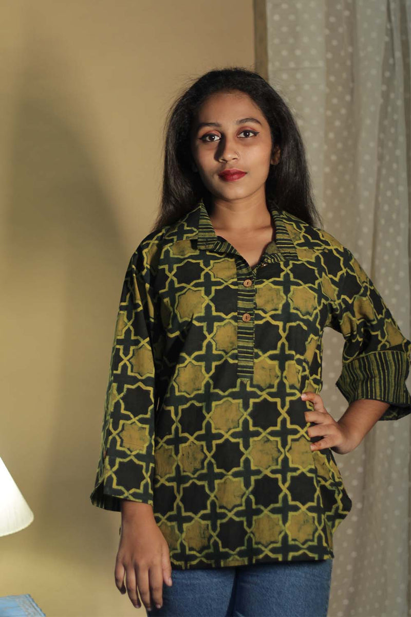 Madhura | Tunic | Ajrakh Green Shatkon