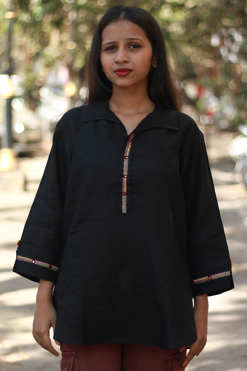 Gor Banjara | Short Linen Tunic | Embroidered | Noir