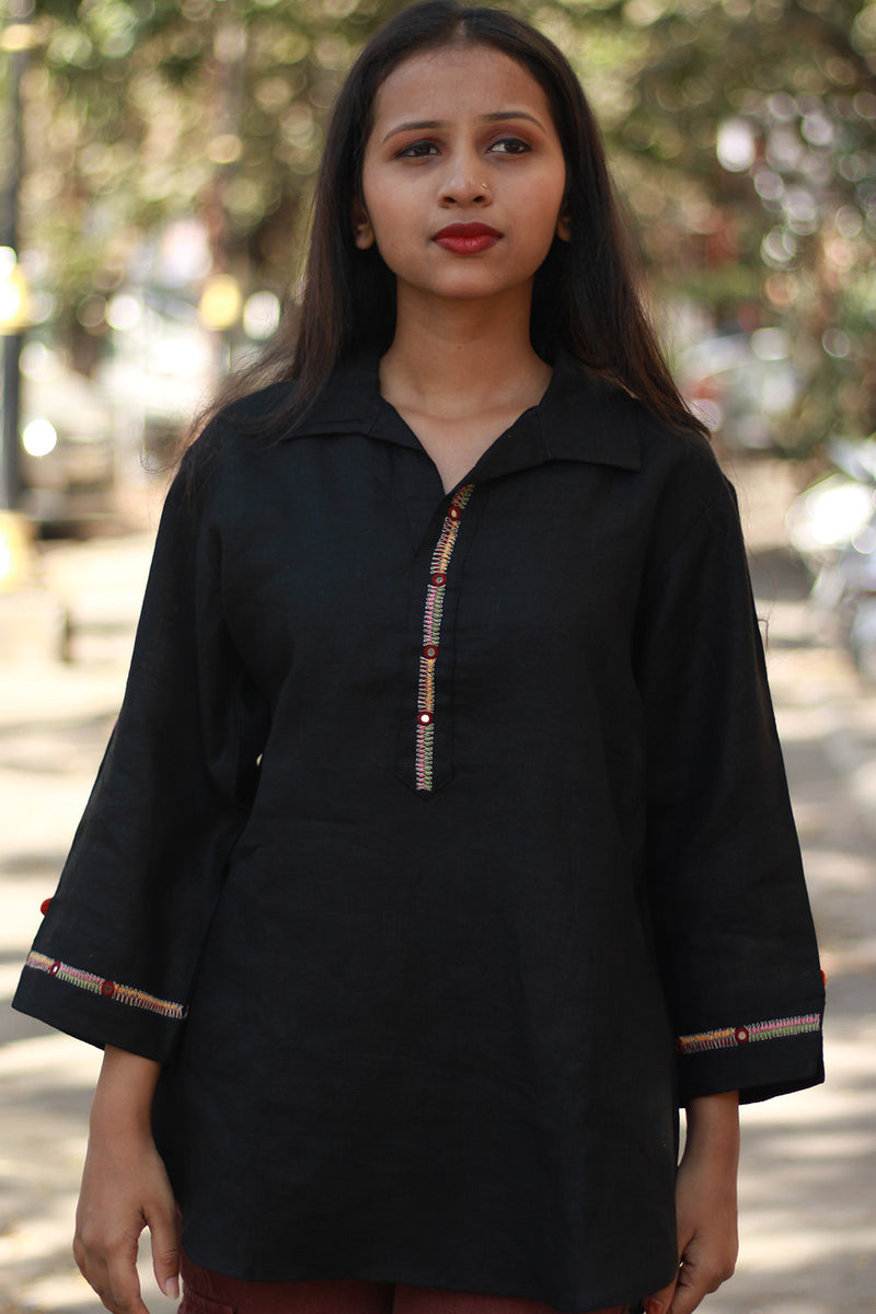 Gor Banjara | Short Linen Tunic | Embroidered | Noir