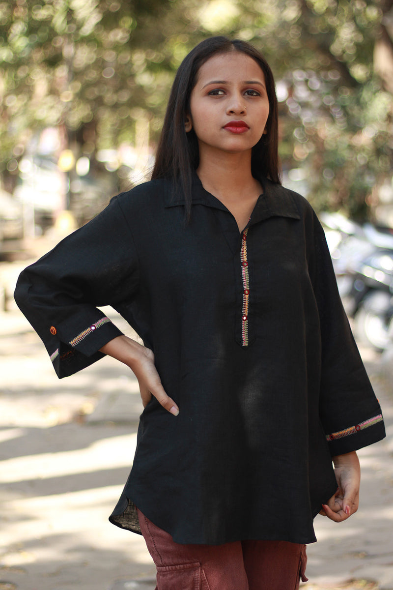 Gor Banjara | Short Linen Tunic | Embroidered | Noir