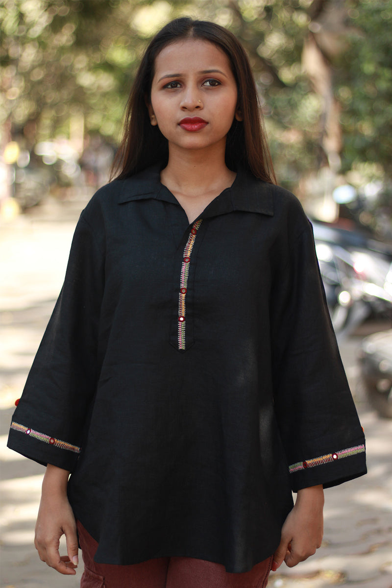 Gor Banjara | Short Linen Tunic | Embroidered | Noir