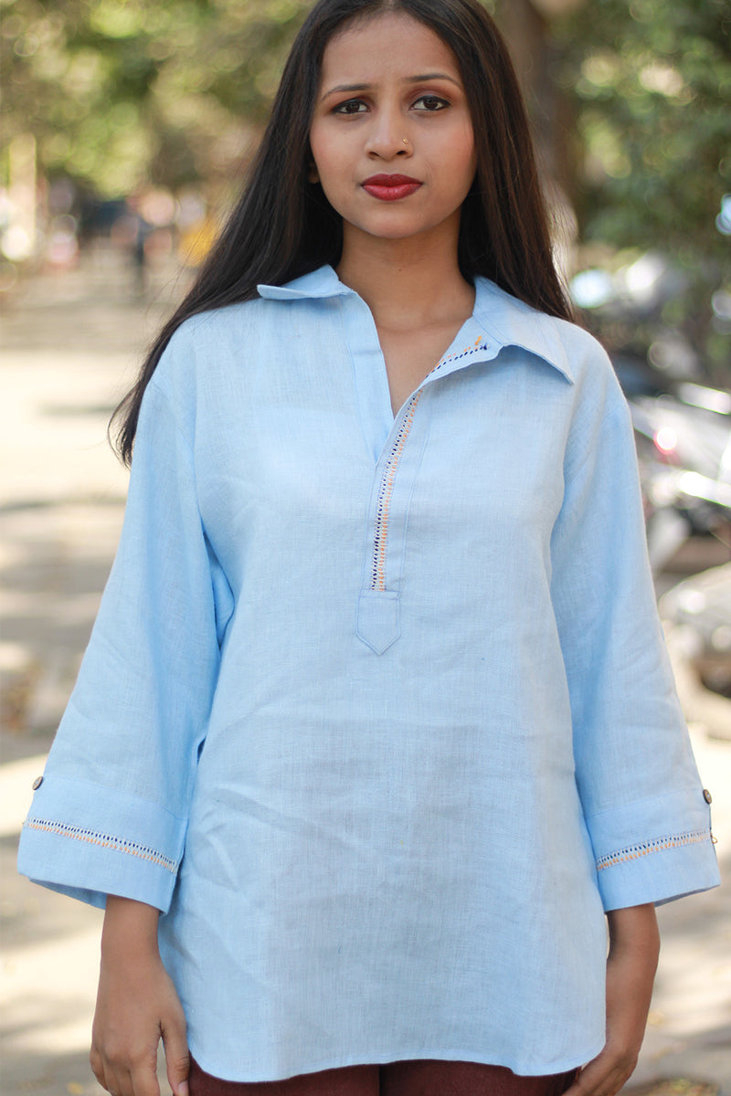 Gor Banjara | Short Linen Tunic | Embroidered | Powder Blue