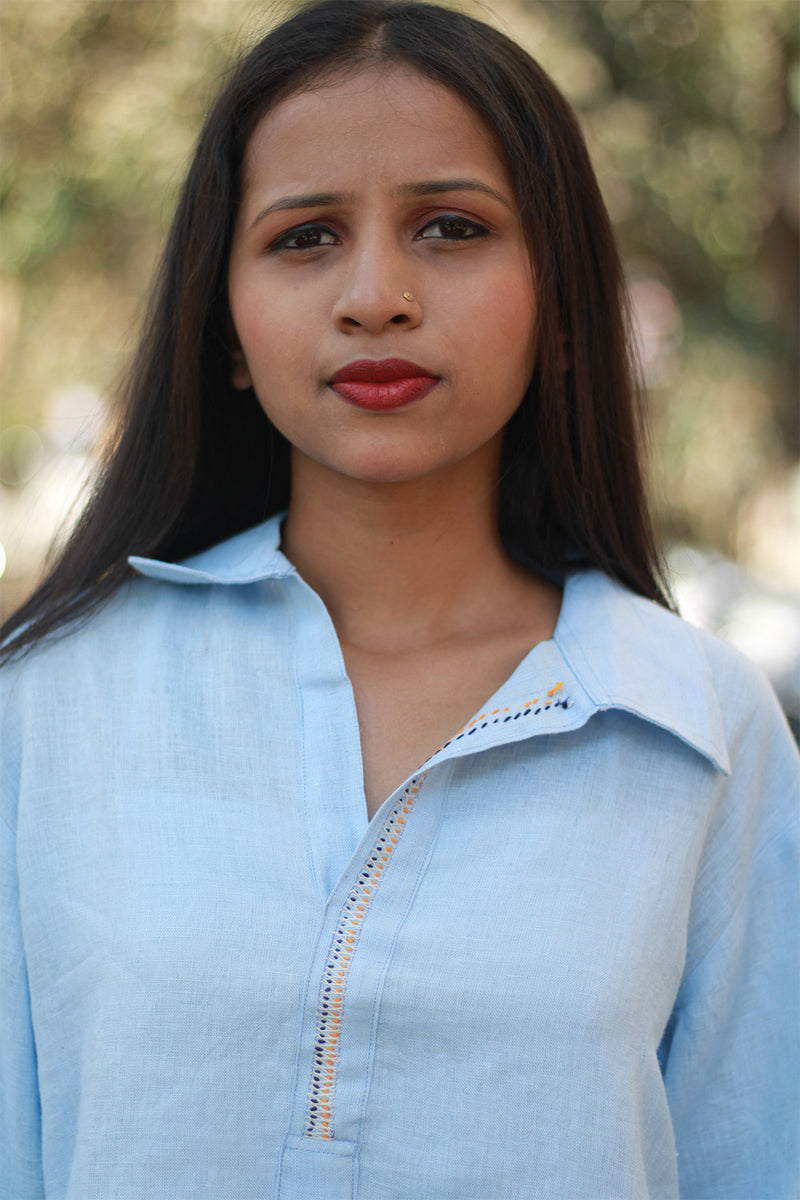 Gor Banjara | Short Linen Tunic | Embroidered | Powder Blue