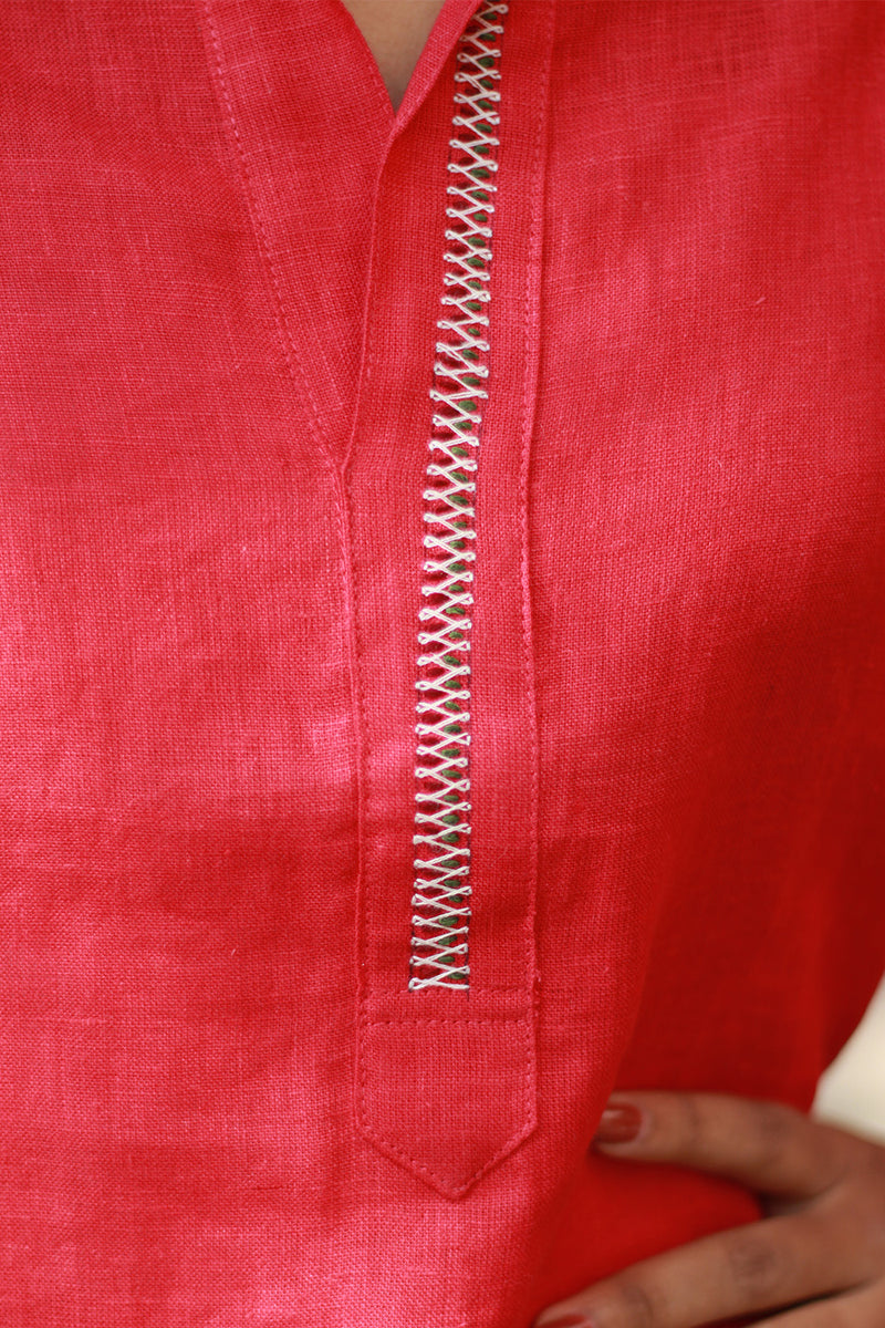 Gor Banjara | Short Linen Tunic | Embroidered | Crimson